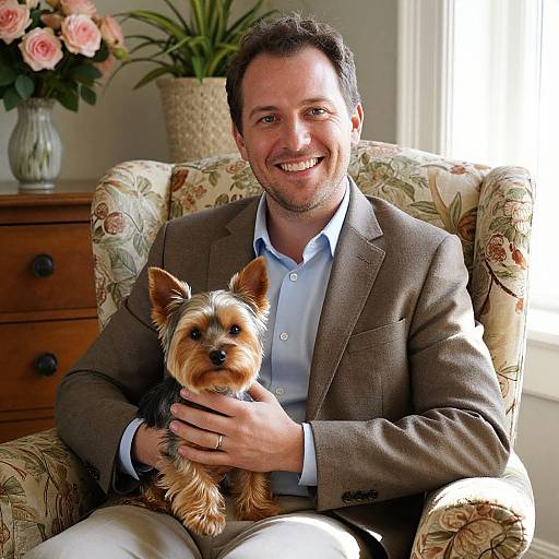 Smiling man in brown suit holding small Yorkshire Terrier, floral armchair, vase with pink roses, sunlight from window, warm indoor setting.