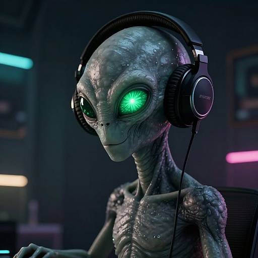 Realistic Grey Alien DJ with Glowing Eye