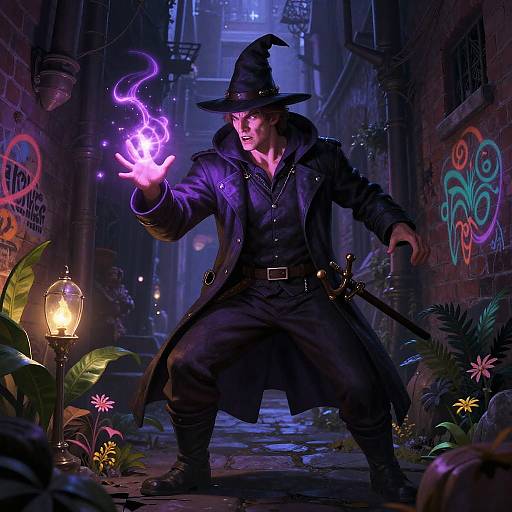 Digital art of a magical, dark-robed wizard in a neon-lit alleyway, casting a glowing purple spell, surrounded by vibrant graffiti and plants