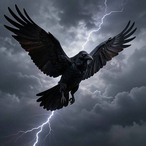 Photograph of a dark, fierce raven with wings spread wide flying against a stormy sky, illuminated by bright, jagged lightning.