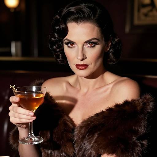 Glamorous photograph of a woman with dark, wavy hair, wearing a fur stole, holding a martini glass with amber liquid, in a