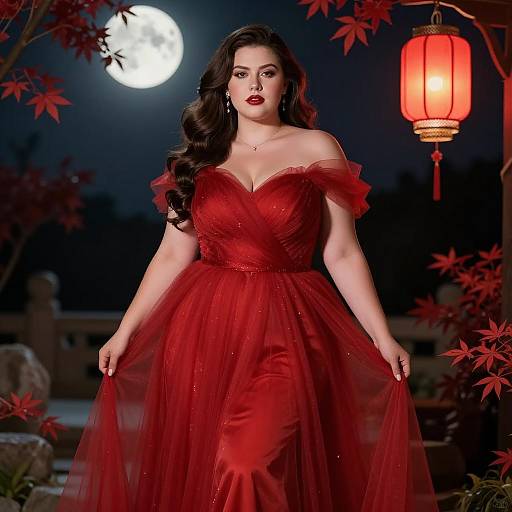 Elegant Plus-Sized Woman in Moonlit Garden