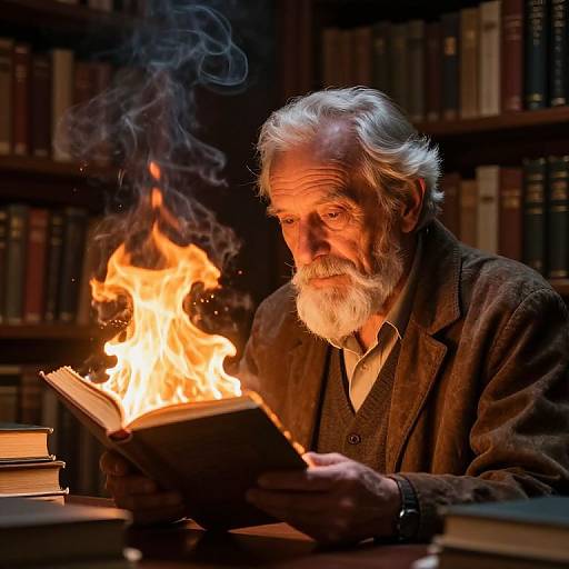 Photograph of an elderly white man with a white beard, wearing a brown coat, intensely reading a book by a roaring candle flame in a dimly