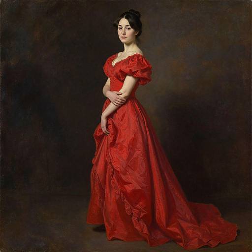 Photograph of a fair-skinned woman with dark hair in a red, Victorian-style gown with puffed sleeves, standing against a dark background, arms
