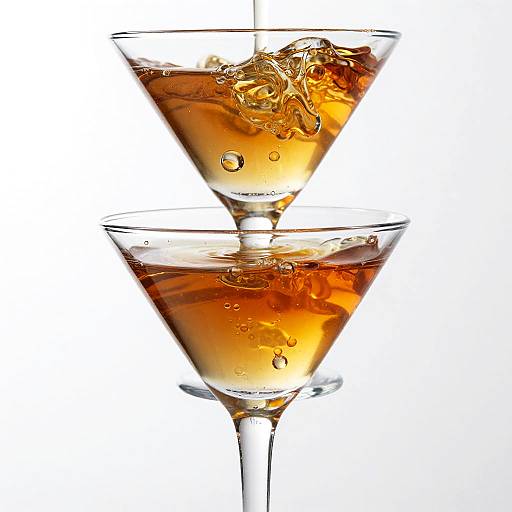 Photograph of two martini glasses with amber liquid, bubbles rising, stacked vertically against a white background.