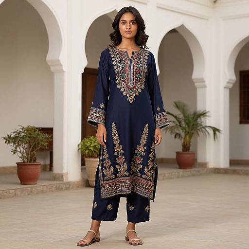 Photograph of a young South Asian woman with medium skin tone and black wavy hair, wearing an ornate dark blue traditional kameez and matching