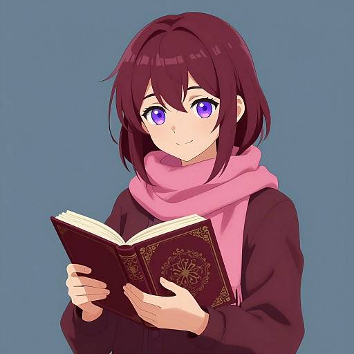 Anime Girl with Burgundy Hair and Book