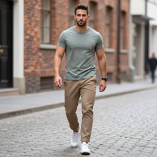 Confident Man on Cobblestone Street