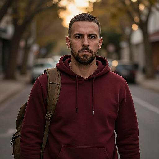 Serious Man in Red Hoodie at Dusk