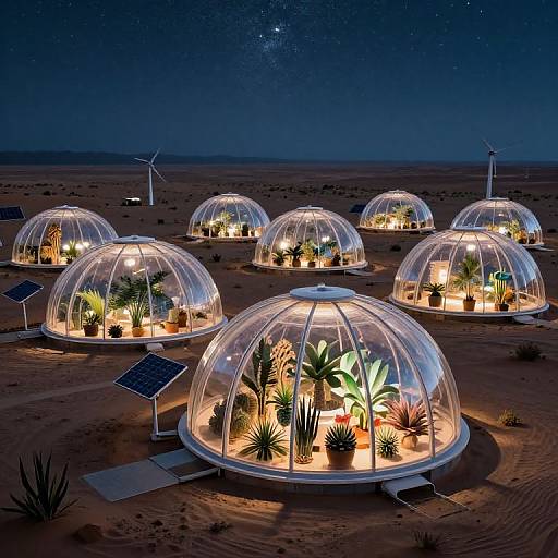 Photograph of six glowing, dome-shaped greenhouses in a desert at night, each containing various illuminated plants, solar panels, and wind turbines in the