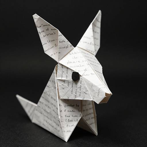 Photograph of an intricately folded paper fox made from white paper with black printed text, set against a solid black background.