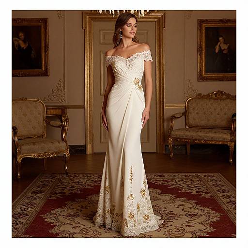 Photograph of a woman in an off-shoulder, white lace wedding dress with gold floral embroidery, standing in an elegant, vintage room with orn