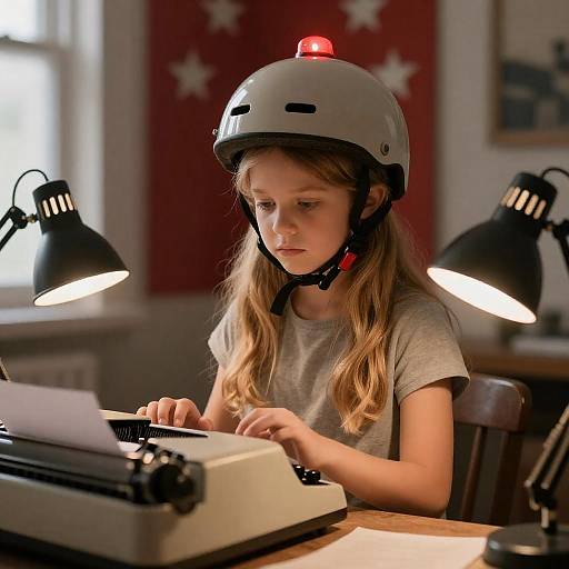 Young Girl Typing at Vintage Typewriter