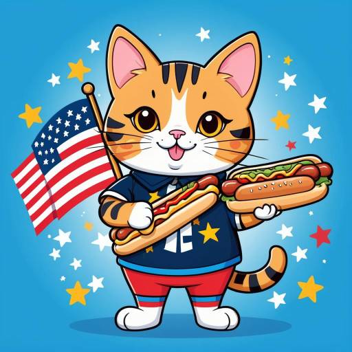 Patriotic Cartoon Cat Holding Hotdog