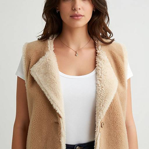 Photograph of a woman with medium skin tone, shoulder-length brown hair, wearing a beige fleece vest over a white t-shirt, simple necklace, and