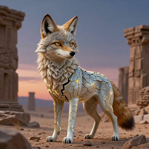 Digital art of a majestic, crackle-patterned fox with glowing lines, standing in a desert with ancient ruins at sunset.