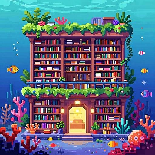 Pixel art of a submerged, multi-story library building with lush greenery, colorful fish, and vibrant coral reefs, illuminated by a glowing door.