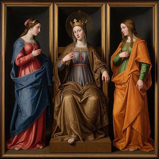 Photograph of a Renaissance-style triptych painting featuring three women in elaborate, colorful robes; central figure with crown, flanked by two standing figures