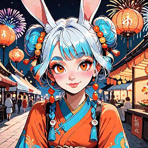 Digital anime-style drawing of a young girl with white-blue hair, bunny ears, orange kimono, and colorful hair ornaments, in a vibrant, fireworks