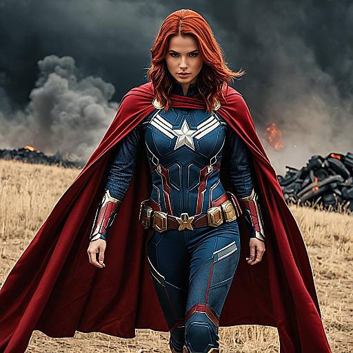 Female Superhero in Red Cape and Armor Costume