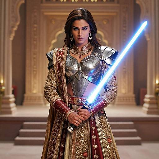 Photograph of a dark-haired woman in ornate, medieval-style armor holding a glowing blue lightsaber, standing in an opulent, golden-arch