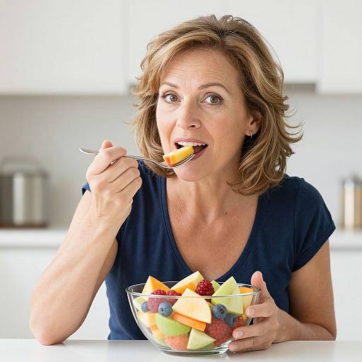 Middle-aged woman with shoulder-length brown hair in navy shirt, eating fruit salad with orange slice, holding glass bowl, bright kitchen background.