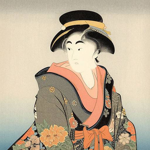 Traditional Japanese woodblock print of a woman in a black floral kimono with a red sash and black hat, against a gradient background.