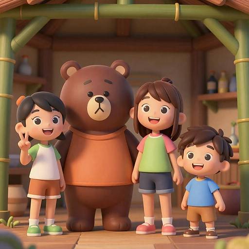 Cartoon Kids and Bear in Wooden Hut