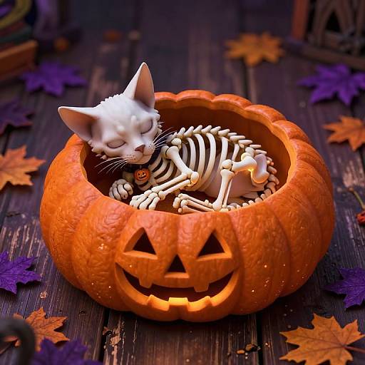 Photorealistic CGI of a white cat with closed eyes, wearing a skeleton costume, curled up in a carved orange pumpkin with a jack-o'-lan