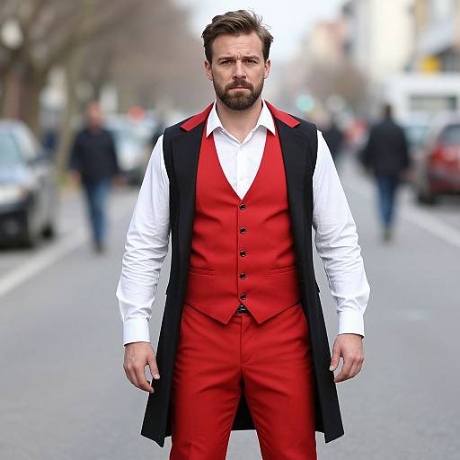 Photograph of a bearded man with short brown hair, wearing a white shirt, red vest, red pants, and black waistcoat, standing on