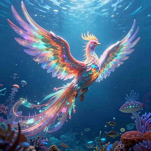 Vibrant, glowing phoenix with rainbow feathers soaring underwater, surrounded by jellyfish, colorful coral, and small fish, bathed in blue light.