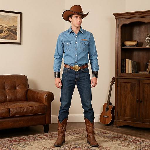 Photograph of a Caucasian man in a blue shirt, brown cowboy hat, dark jeans, brown belt, and boots, standing in a living room with