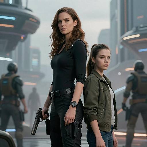 Dynamic Duo in a Sci-Fi Cityscape