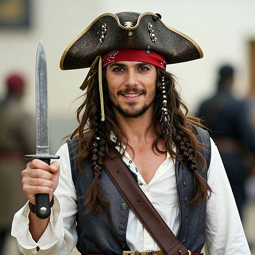 Photograph of a smiling man with long brown hair, wearing a black tricorn hat, red bandana, white shirt, and gray vest, holding