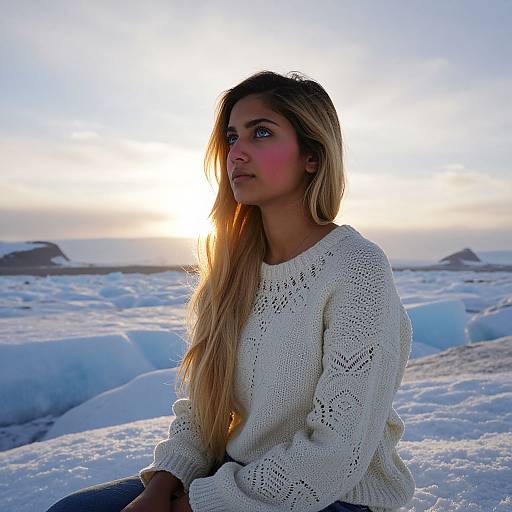 Photograph of a young woman with long blonde hair, wearing a white knit sweater, sitting on icy terrain at sunset.