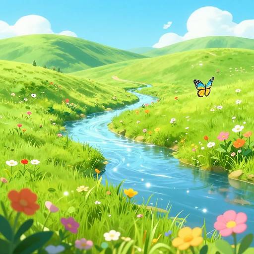 Cartoon Meadow with Rolling Hills