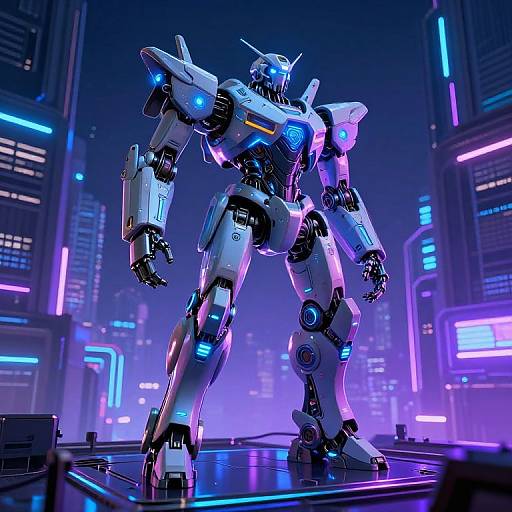 Futuristic Robot Rising in Neon City