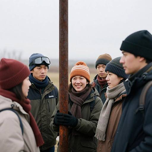 Winter Gathering Around a Rusted Pole
