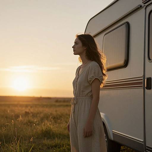 Photograph of a young woman in a beige dress, standing beside a white RV at sunset, with a golden sky and grassy field in the background