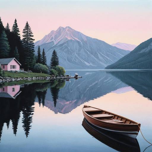 Serene Mountain Lake with Cottage and Boat