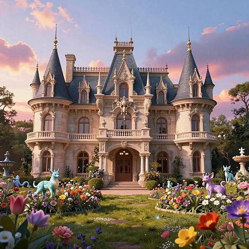 Photorealistic CGI of a grand, fairy-tale castle with ornate spires, surrounded by vibrant flower gardens and colorful, whimsical unicorns