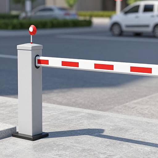 Photograph of a white traffic barrier with red and white striped bar, topped with a red button, on a sunny street. Blurred white van in