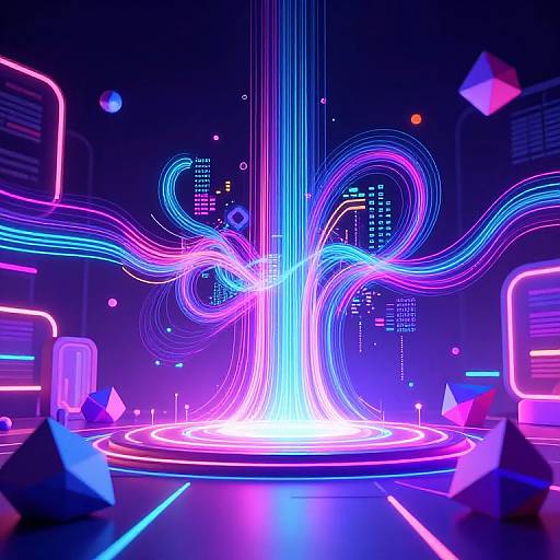 Neon-lit digital artwork of swirling blue, pink, and purple light trails converging at a glowing center, surrounded by cityscape lights and geometric