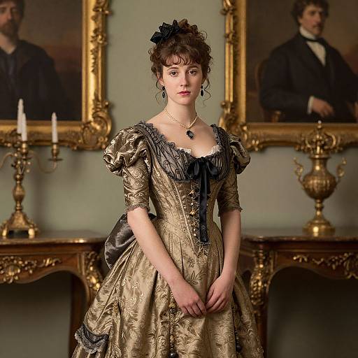 Photograph of a Victorian-era woman in an ornate gold and black lace dress, standing in a luxurious, gold-trimmed room with candlesticks
