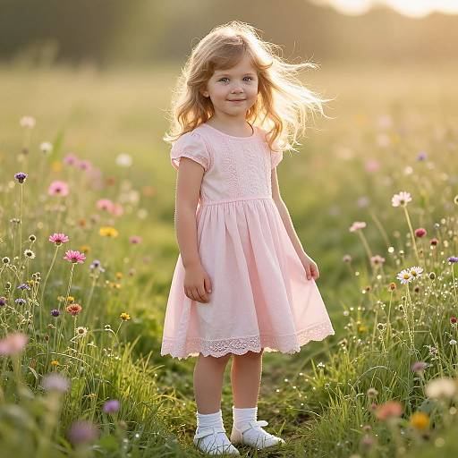 Photograph of a blonde, smiling young girl in a light pink dress and white shoes, standing in a sunlit meadow with colorful wildflowers.