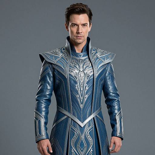 Photograph of a handsome, dark-haired man in an elaborate, silver and blue, metallic, fantasy-style coat with intricate patterns, against a plain gray