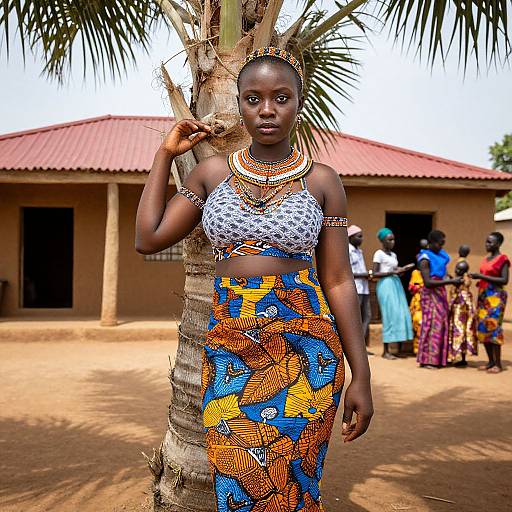 Photograph of a dark-skinned African woman with intricate beaded necklaces, wearing a white lace top and vibrant blue-orange patterned skirt, standing