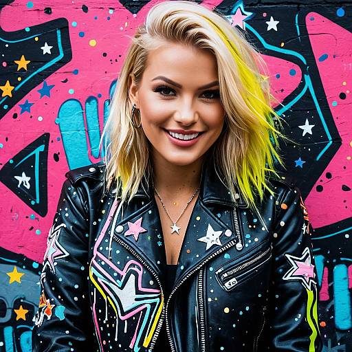 Smiling Woman in Colorful Star-Patterned Leather Jacket