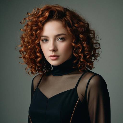 Portrait of Young Woman with Curly Auburn Hair in Black Jumpsuit