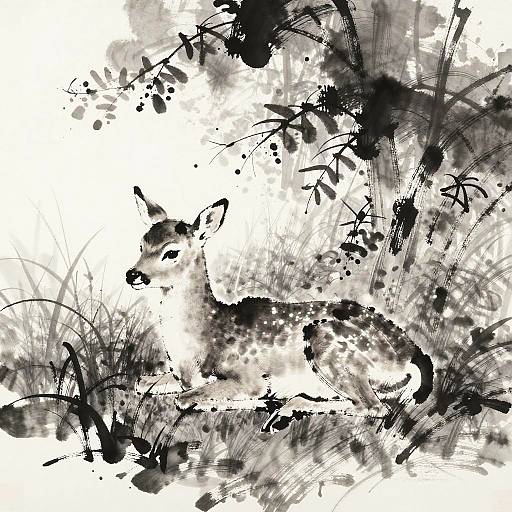 Graceful Sumi Brushwork Fawn Scene